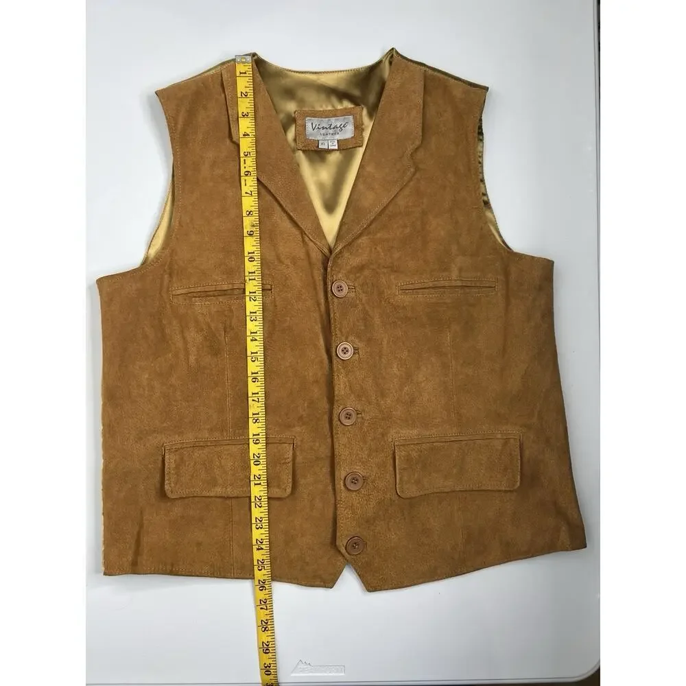 Vintage Leather Suede Vest Button Up Pockets Tan Brown Men's Size XL